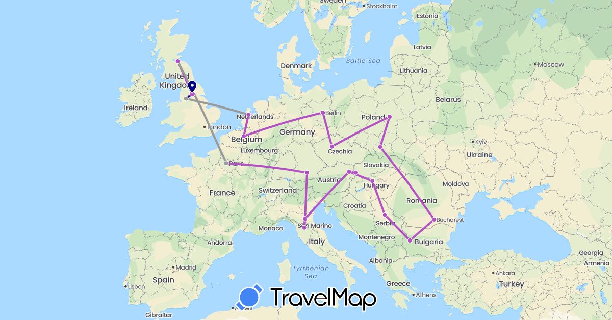 TravelMap itinerary: driving, plane, train in Austria, Belgium, Bulgaria, Czech Republic, Germany, France, United Kingdom, Hungary, Italy, Netherlands, Poland, Romania, Serbia, Slovakia (Europe)